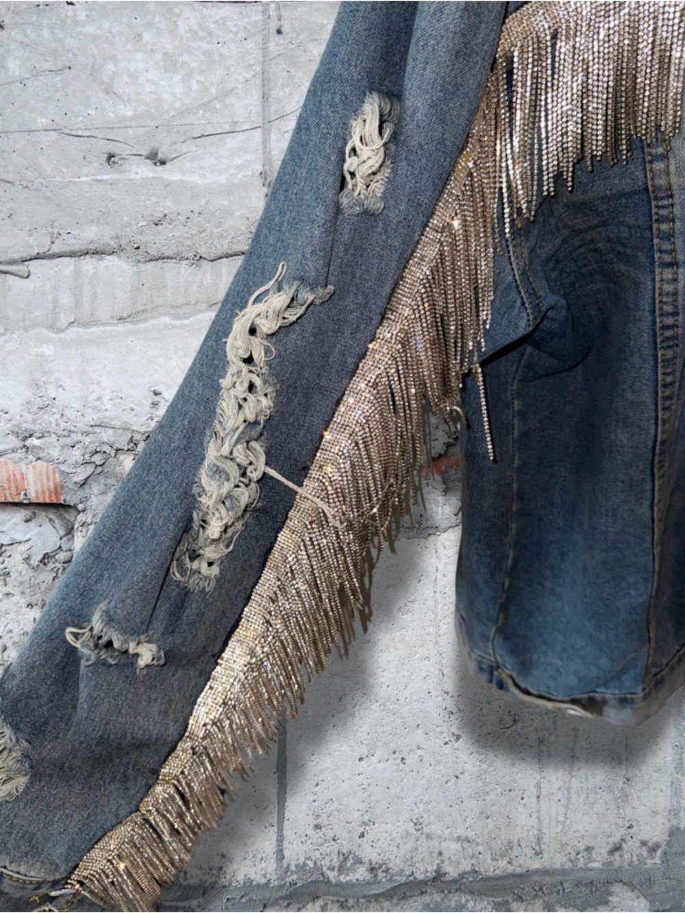 Distressed Denim Jacket With Rhinestone Fringe - Picture 5 of 5